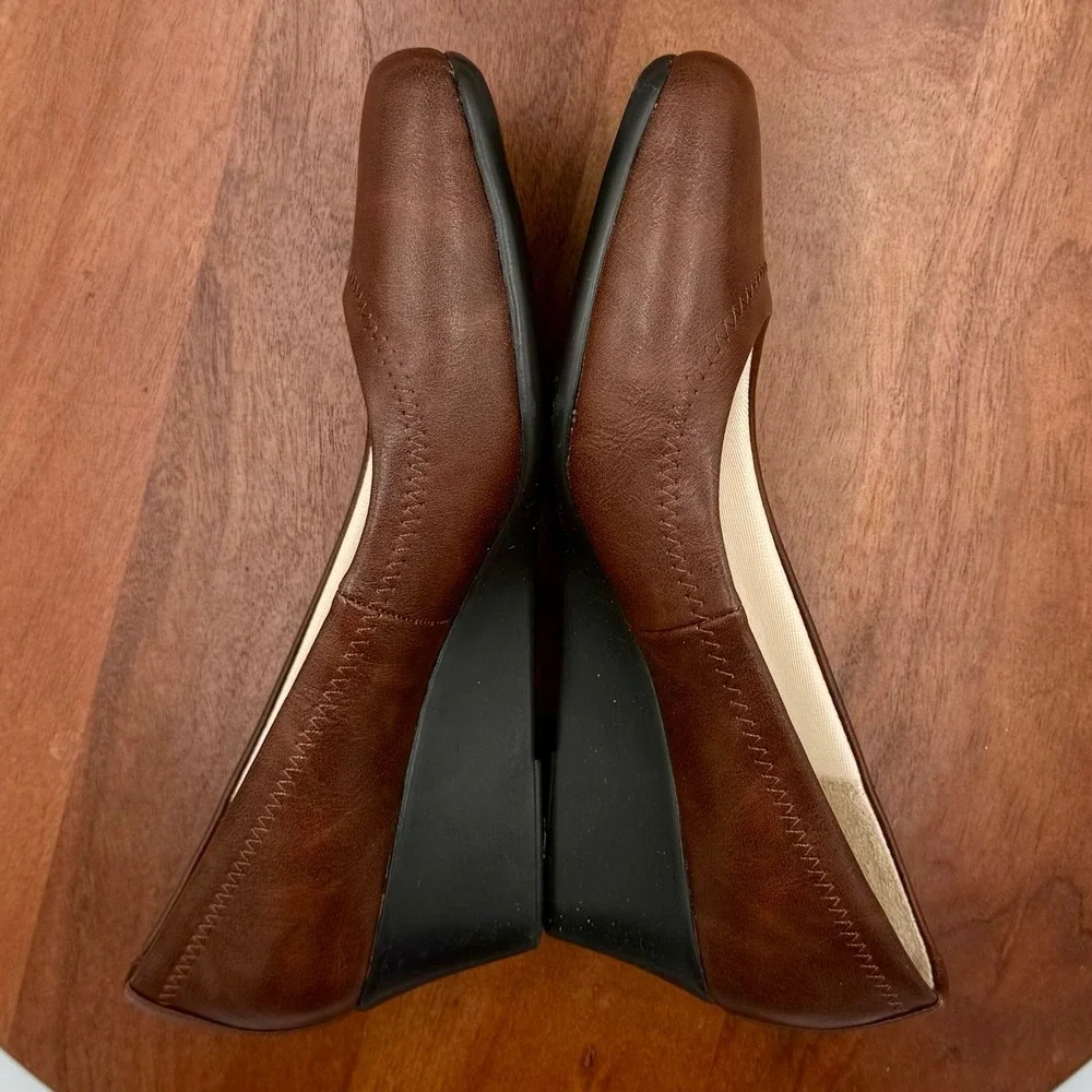 LifeStride Groovy Wedge Pumps Womens 8W Dark Tan Cowboy Brown Square Toe Comfort